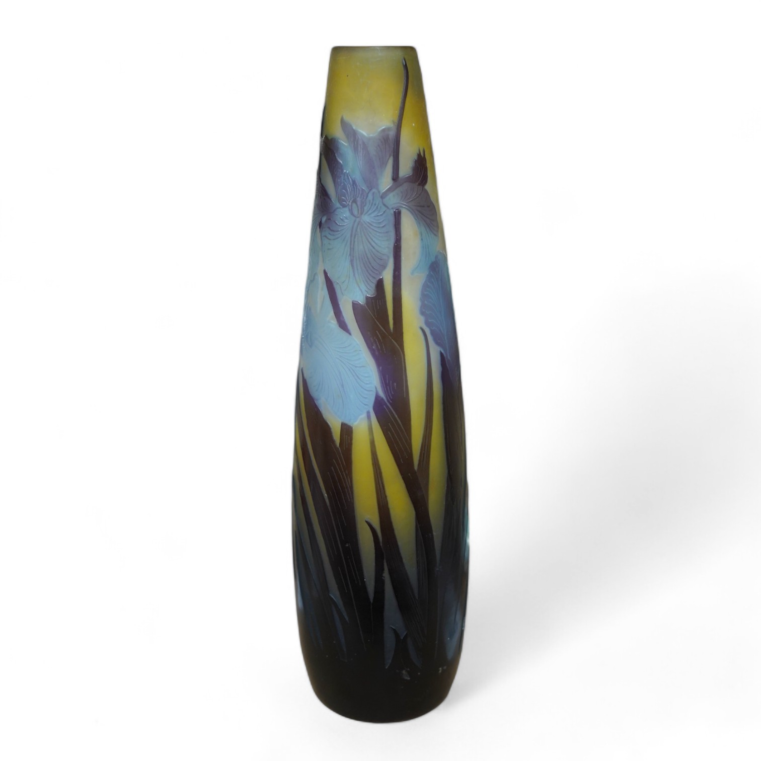 A Gallé blue iris vase, 27.5cm high. Condition - fair to good, minor surface scratches to base